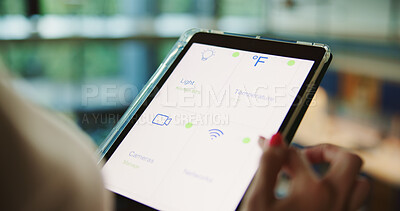 Buy stock photo Tablet, screen and hand with smart home app for security system, dashboard and change network settings. Display, technology and woman control house, lights or air conditioning automation closeup