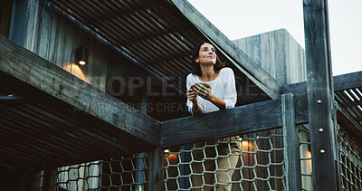 Buy stock photo Mature woman, tea cup and thinking on balcony for nostalgia, memory or inspiration in home. Modern house, coffee and person drinking beverage to relax on break in mansion to remember with reflection