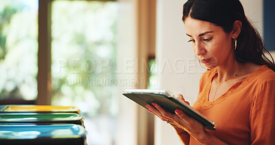 Buy stock photo Home, serious and woman with tablet, recycle bin and online reading for email, news report and app. Mature person, apartment and lady with tech, ecology or internet with sustainability or connection