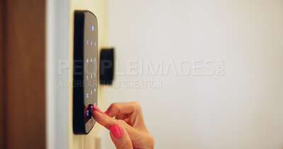 Buy stock photo Door, password and hands on smart lock, home and keyless entry with security system for access and safety. House, electronic and person with tech for code, mockup space and keypad for remote control