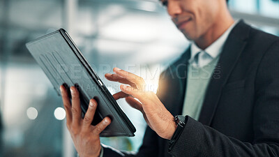 Buy stock photo Hands, business man and tablet in office for reading email, scroll and insurance update for policy. Digital technology, online and employee on app for coverage, risk management and review claims