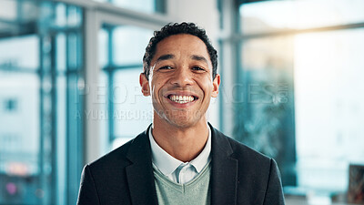 Buy stock photo Business, portrait and smile of man in office for career in finance, investment or trading. About us, corporate and satisfied with happy professional in financial workplace for wealth management