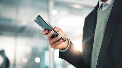 Buy stock photo Business man, hands and scroll with phone in office for stock market price, trading account and check email. Professional, trader and smartphone for online investment, reading economy news and update