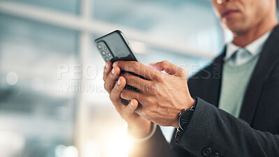 Buy stock photo Business man, hands and typing with phone in office for stock market research, trading app and check email. Professional, trader and smartphone for online investment, reading economy news and update