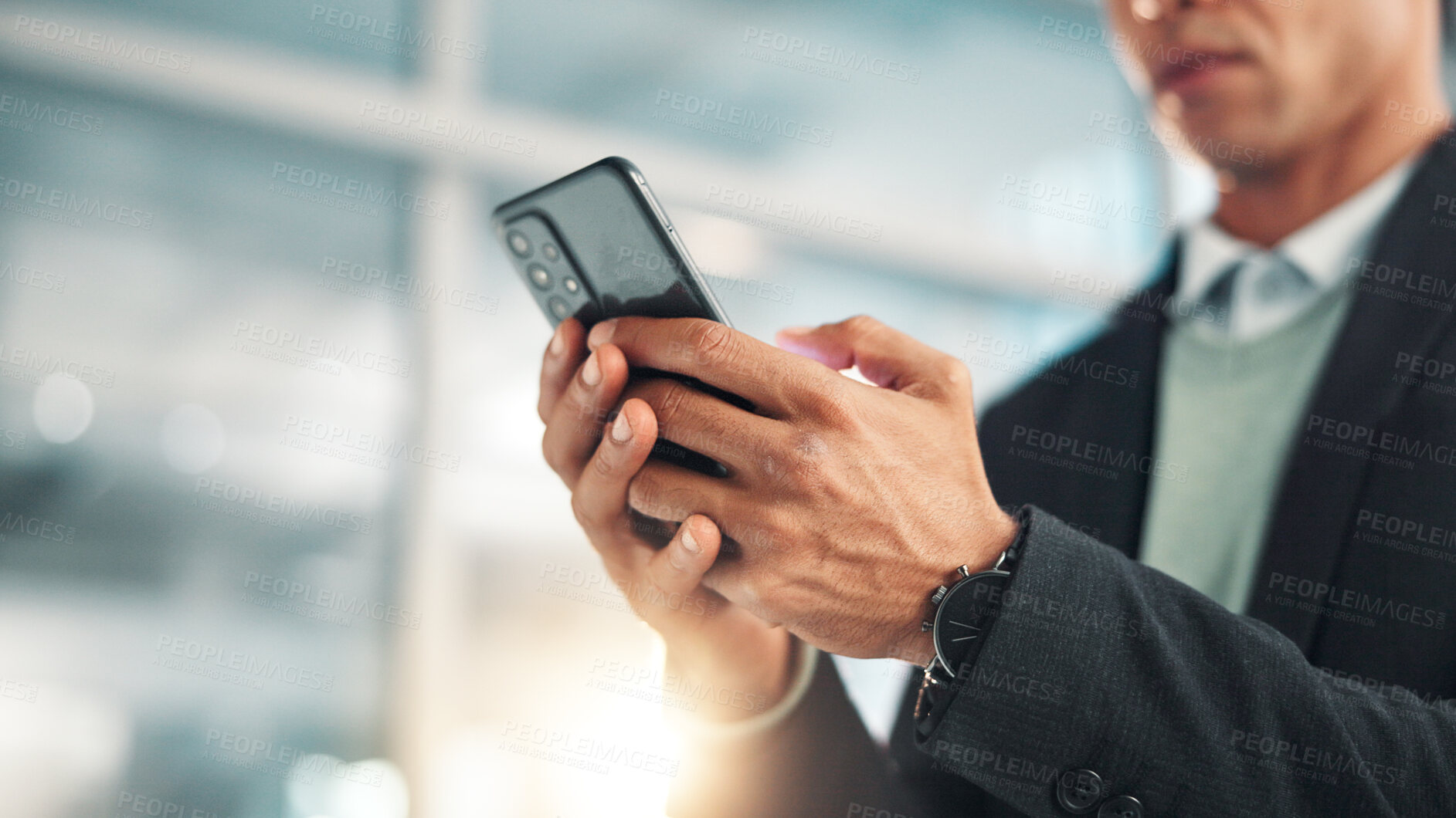 Buy stock photo Business man, hands and typing with phone in office for stock market research, trading app and check email. Professional, trader and smartphone for online investment, reading economy news and update