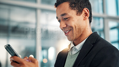 Buy stock photo Business man, smile and typing with phone in office for stock market profit, good news or investment feedback. Professional, happy trader and smartphone for reading economy information or finance app
