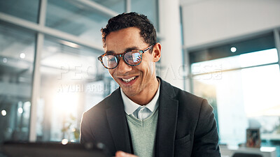 Buy stock photo Reading, business and man on tablet in office for networking, connection and online research. Company, professional and worker on digital tech for website, finance report and planning for project