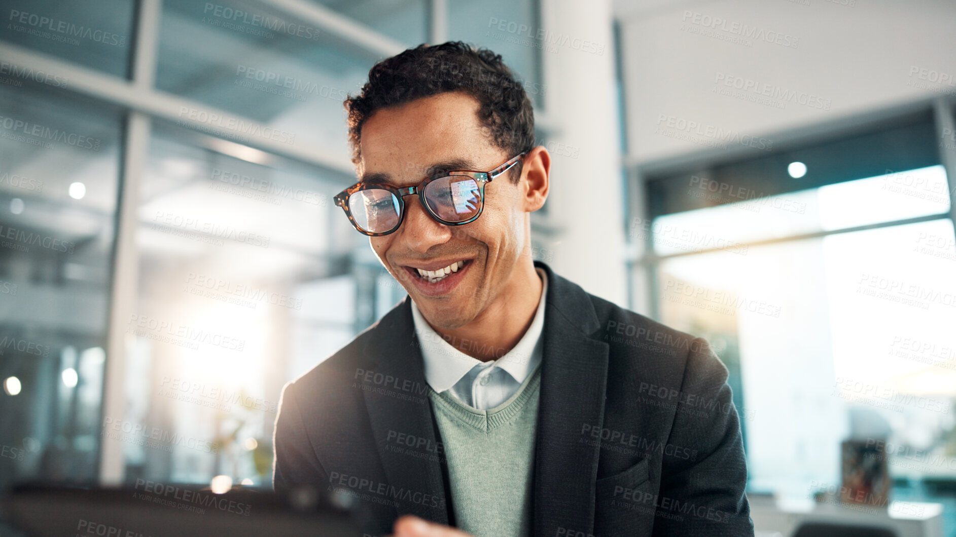 Buy stock photo Reading, business and man on tablet in office for networking, connection and online research. Company, professional and worker on digital tech for website, finance report and planning for project