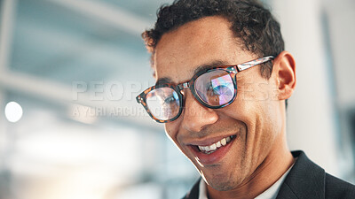 Buy stock photo Glasses, smile and tablet with employee man in office for administration, planning or research. App, finance and report with happy business person in corporate workplace for review of information