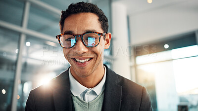 Buy stock photo Glasses, smile and tablet with business man in office for administration, planning and research. App reflection, finance and report with happy professional in corporate workplace for review of info