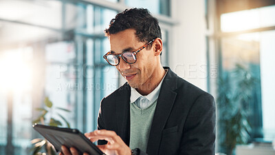 Buy stock photo Smile, businessman and tablet in office for research, reading email or scroll insurance update for policy. Digital technology, online or employee on app for coverage, risk management or review claims