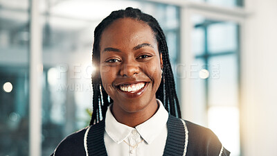 Buy stock photo Happy, creative business and portrait of black woman with confidence, pride and smile for career. Professional office, consultant and person in workplace for publishing, copywriting or journalism job