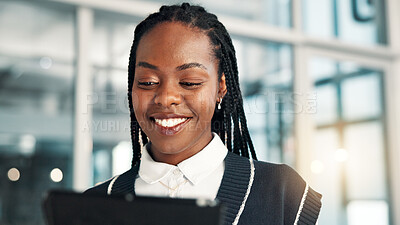 Buy stock photo Smile, business and black woman with tablet in office for reading email, report or insurance policy premium. Digital technology, online or worker on app for coverage, risk management or review claims