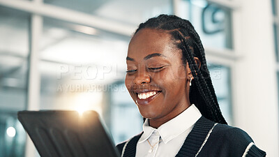 Buy stock photo Smile, business and black woman with tablet for reading email, report or insurance policy premium in office. Digital technology, online or worker on app for coverage, risk management or review claims