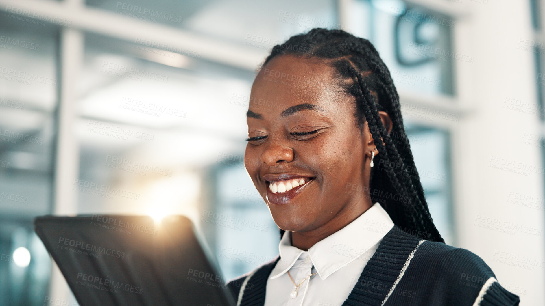 Buy stock photo Smile, business and black woman with tablet for reading email, report or insurance policy premium in office. Digital technology, online or worker on app for coverage, risk management or review claims