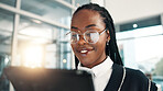 Glasses, smile and tablet with business black woman in office for administration, planning or research. App, finance and report with happy African employee in workplace for review of information