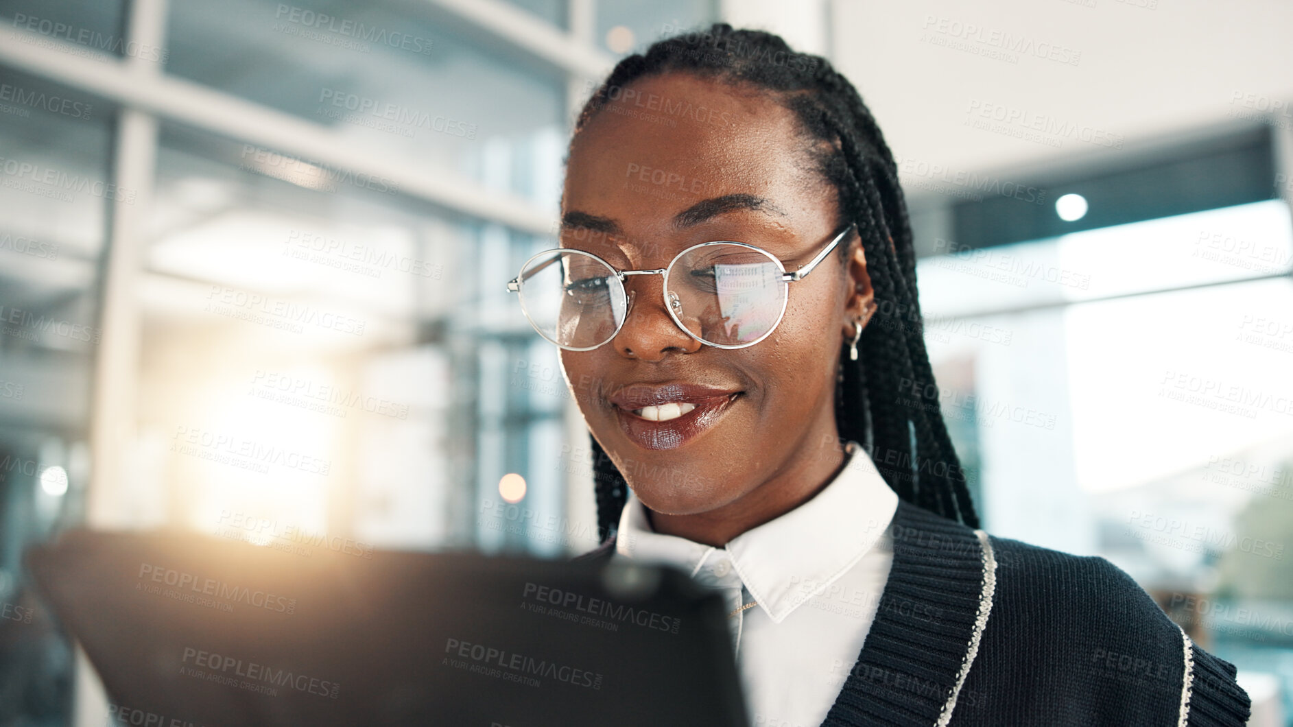 Buy stock photo Glasses, smile and tablet with business black woman in office for administration, planning or research. App, finance and report with happy African employee in workplace for review of information