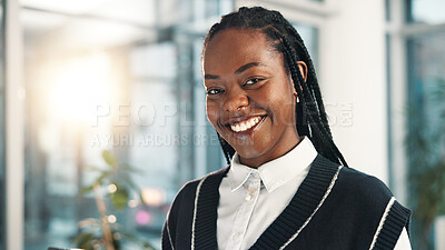 Buy stock photo Happy, office and portrait of business black woman with confidence, pride and smile for career. Professional, creative consultant and person in workplace for publishing, copywriting or journalism job