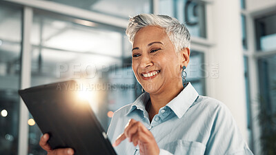 Buy stock photo Business, smile and tablet with mature woman in office for administration, planning or research. App, finance and report with happy employee in corporate workplace for review of account information