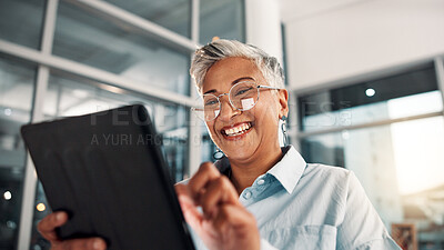 Buy stock photo Finance, smile and tablet with business woman in office for administration, planning or research. App, glasses and report with mature professional in workplace for review of information from below
