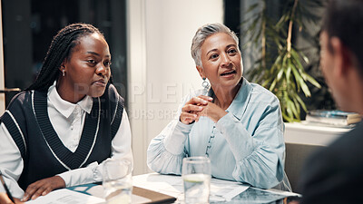 Buy stock photo Documents, office and business women in meeting for financial review, budget report and feedback. Corporate team, professional and workers with paperwork for collaboration, strategy and planning