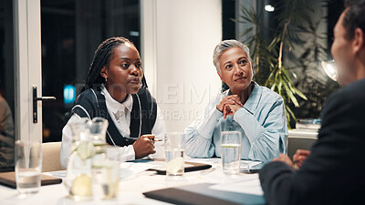 Buy stock photo Discussion, office and business people in meeting for financial review, budget report and feedback. Corporate team, professional and workers with paperwork for collaboration, strategy and planning