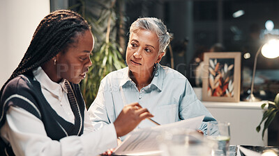 Buy stock photo Documents, planning and business women in meeting for financial review, budget report and feedback. Corporate, office and workers with paperwork for collaboration, finance strategy and revenue