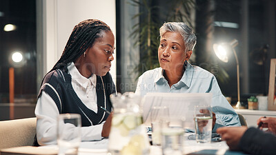 Buy stock photo Paperwork, office and business women in meeting for financial review, budget report and feedback. Corporate team, professional and workers with documents for collaboration, strategy and planning