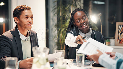 Buy stock photo Documents, planning and business people in meeting for financial review, budget report and feedback. Corporate team, professional and workers with paperwork for collaboration, strategy and revenue