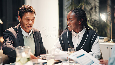 Buy stock photo Documents, discussion and business people in meeting for financial review, budget report and feedback. Corporate team, office and workers with paperwork for collaboration, strategy and planning