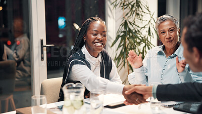 Buy stock photo Shaking hands, applause and business people in meeting with success, and winning finance deal at night. Teamwork, handshake and women at financial seminar with celebration, achievement and funding