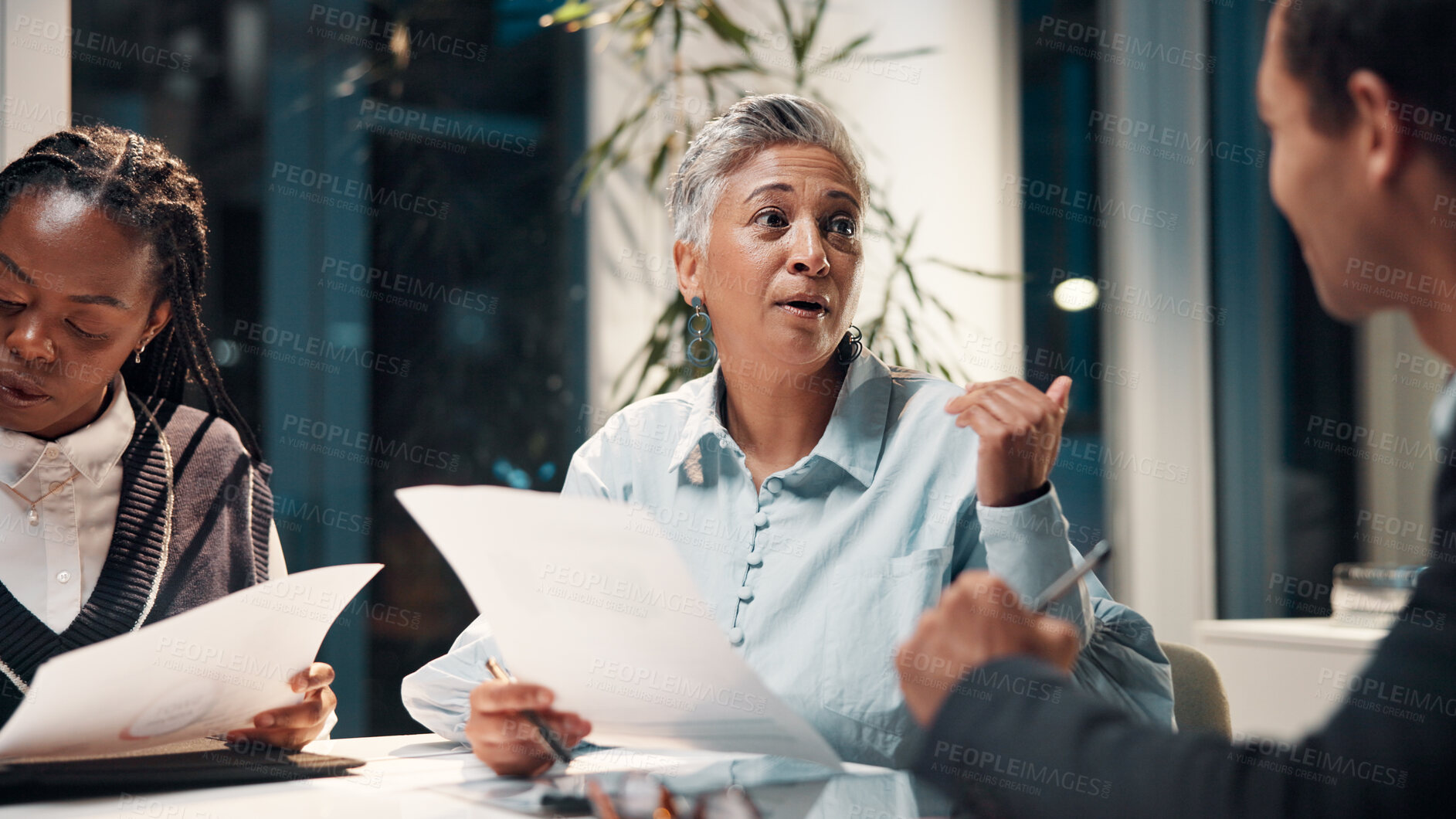 Buy stock photo Documents, manager and business people in office meeting for financial review, budget report and feedback. Corporate team, boss and workers with paperwork for collaboration, strategy and planning