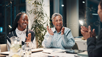 Buy stock photo Promotion, applause and business people in meeting with success, winning or finance deal at night. Teamwork, clapping hands or women at financial seminar with celebration, achievement or late funding