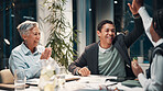 Success, high five and excited business people with meeting, winning and finance deal at night. Teamwork, cheers and applause with financial seminar, celebration and achievement at funding workshop