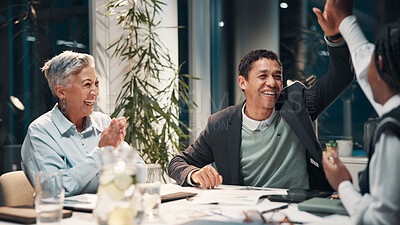 Buy stock photo Success, high five and excited business people with meeting, winning and finance deal at night. Teamwork, cheers and applause with financial seminar, celebration and achievement at funding workshop