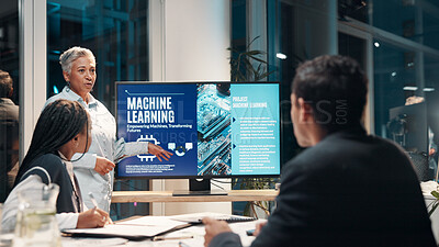 Buy stock photo Business woman, screen and presentation for machine learning, ai or training in workshop office. Monitor, meeting or team with mature speaker with future tech for project development or idea at night