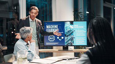 Buy stock photo Businessman, screen and presentation in meeting for ai, machine learning or training in workshop office. Monitor, talk and team speaker with future technology for project development or idea at night