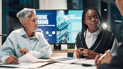 Buy stock photo Machine learning, business people and planning in meeting, ai project and brainstorming for software update. Employees, IT specialist or expert in office, discussion and proposal for b2b deal or talk