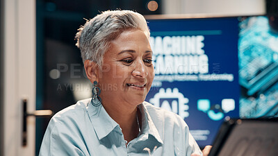 Buy stock photo Business, smile and tablet with woman in office at night for ai development or machine learning. App, planning and research with mature employee at work for information review in late evening