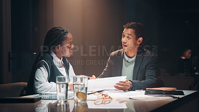 Buy stock photo Feedback, paperwork and business people at night meeting for overtime, planning or research. Creative startup, collaboration and man and woman working on project, proposal and brainstorming in office