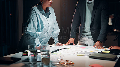 Buy stock photo Business, hands and teamwork with paperwork in office for tax preparation, auditing deadline and overtime. Accountant, people and planning at night for financial statement review and report analysis