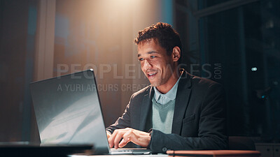 Buy stock photo Businessman, smile and typing with laptop, night and project management deadline and strategy report in office. Professional, employee and happy for overtime with research and task commitment