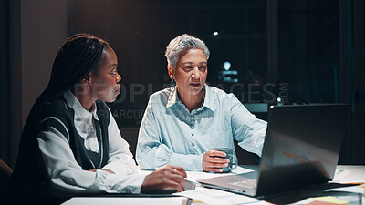 Buy stock photo Business, women and meeting with laptop at night for planning, financial report and accounting deadline. People, team and online for finance budget, schedule update and information for working late