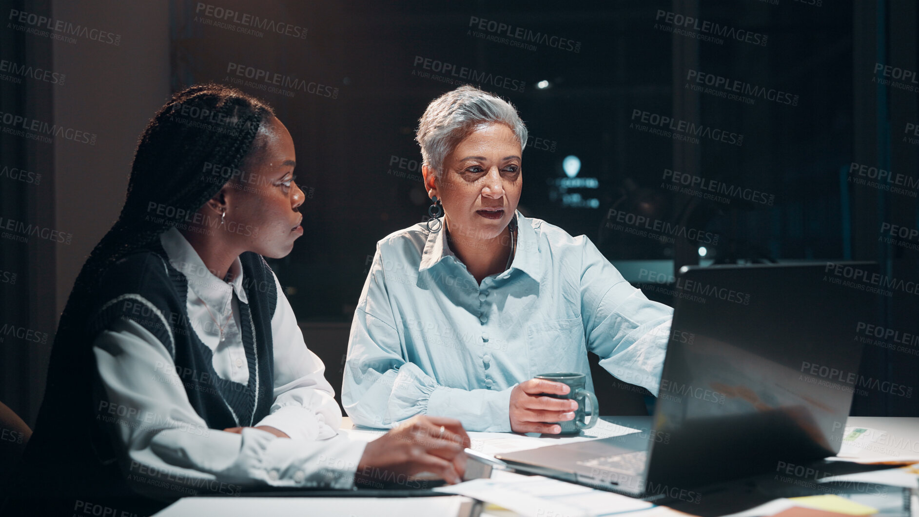 Buy stock photo Business, women and meeting with laptop at night for planning, financial report and accounting deadline. People, team and online for finance budget, schedule update and information for working late
