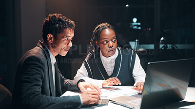 Buy stock photo Business, people and meeting with laptop at night for planning, financial report and accounting deadline. Team, online and research of finance budget, schedule update and information for working late
