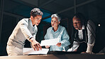 Business, people and meeting with documents at night for planning, financial report and project deadline. Team, brainstorming and paperwork for finance loan, information and review budget of overtime