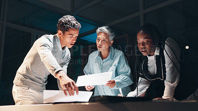 Buy stock photo Business, people and meeting with documents at night for planning, financial report and project deadline. Team, brainstorming and paperwork for finance loan, information and review budget in overtime