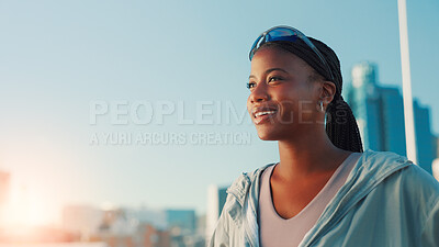 Buy stock photo Fitness, smile and thinking with black woman in city for break from cardio training or running. Exercise, ideas and vision with happy athlete or runner outdoor in urban town for sports or workout