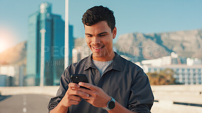 Buy stock photo Happy man, fitness and typing with phone in city for workout app, communication or performance. Active, male person or user with smile on mobile smartphone for exercise routine or schedule in town