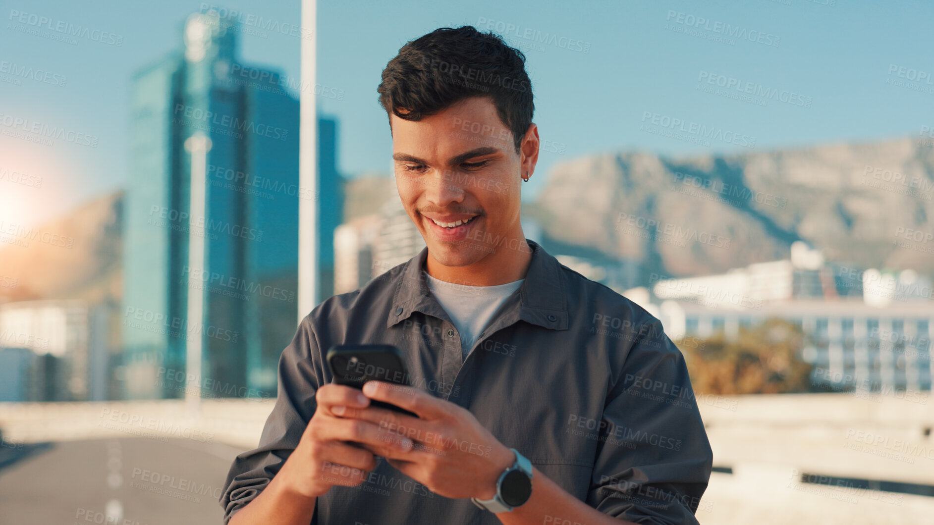 Buy stock photo Happy man, fitness and typing with phone in city for workout app, communication or performance. Active, male person or user with smile on mobile smartphone for exercise routine or schedule in town